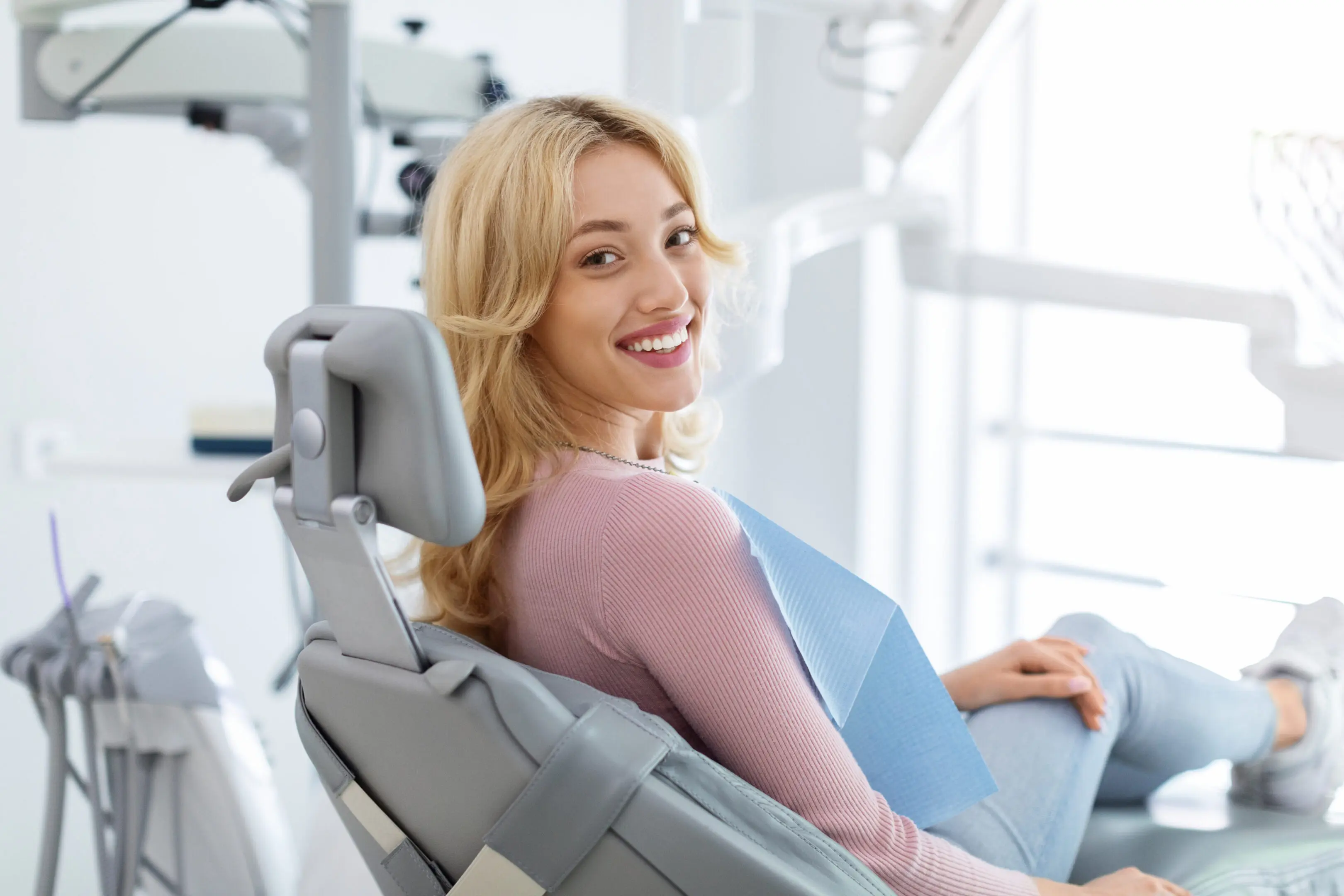 Blond woman visiting dental clinic