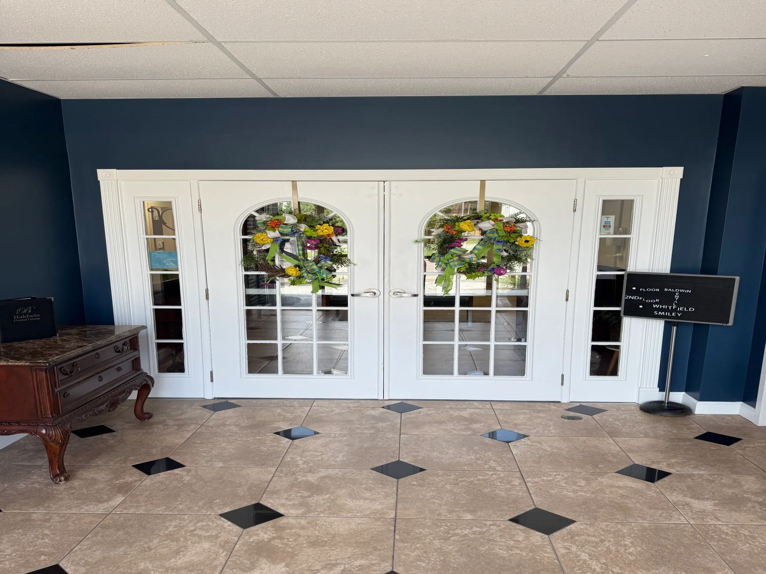 Blue walls and decorative glass doors